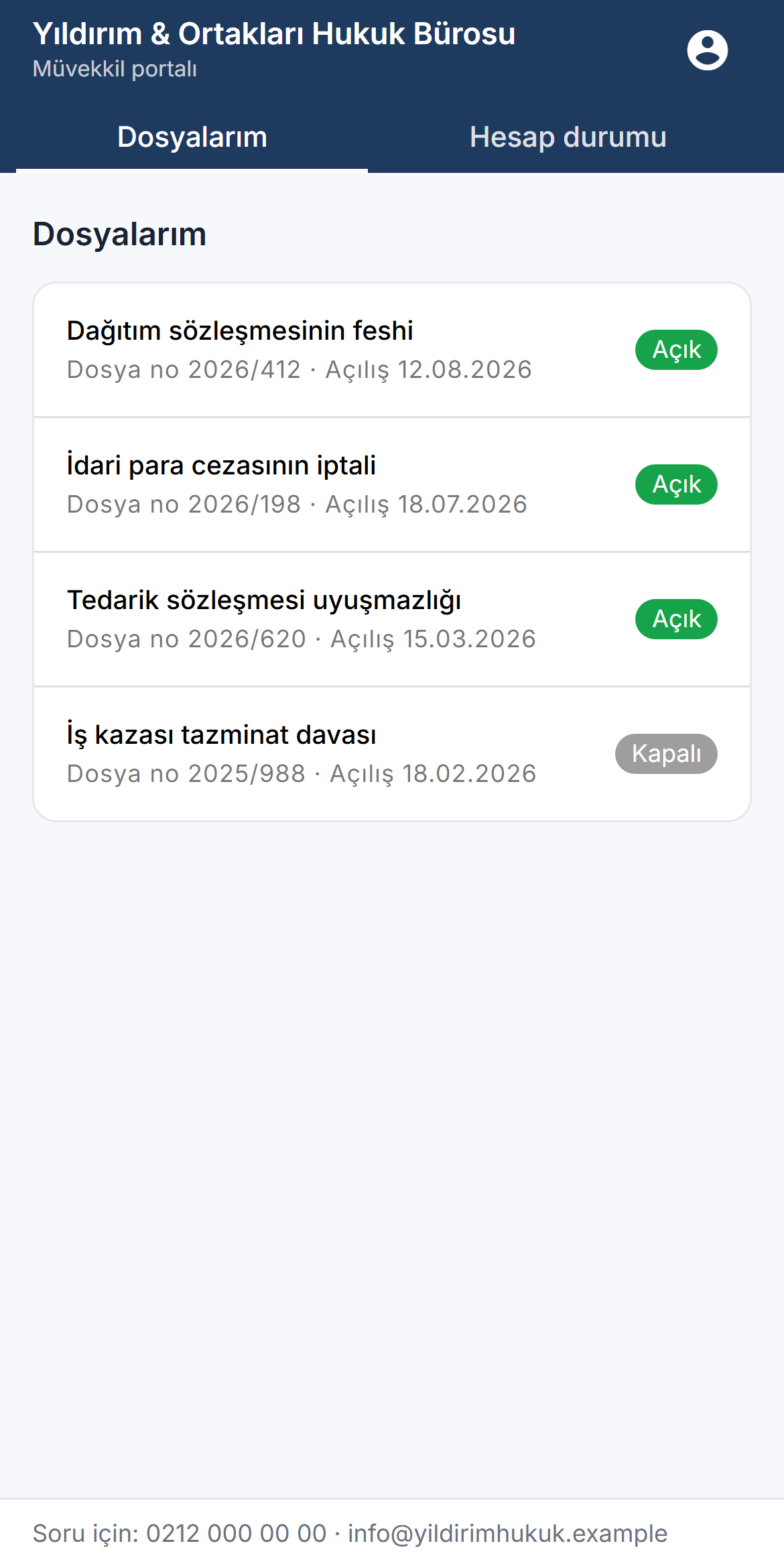 Müvekkil portalının telefon görünümü